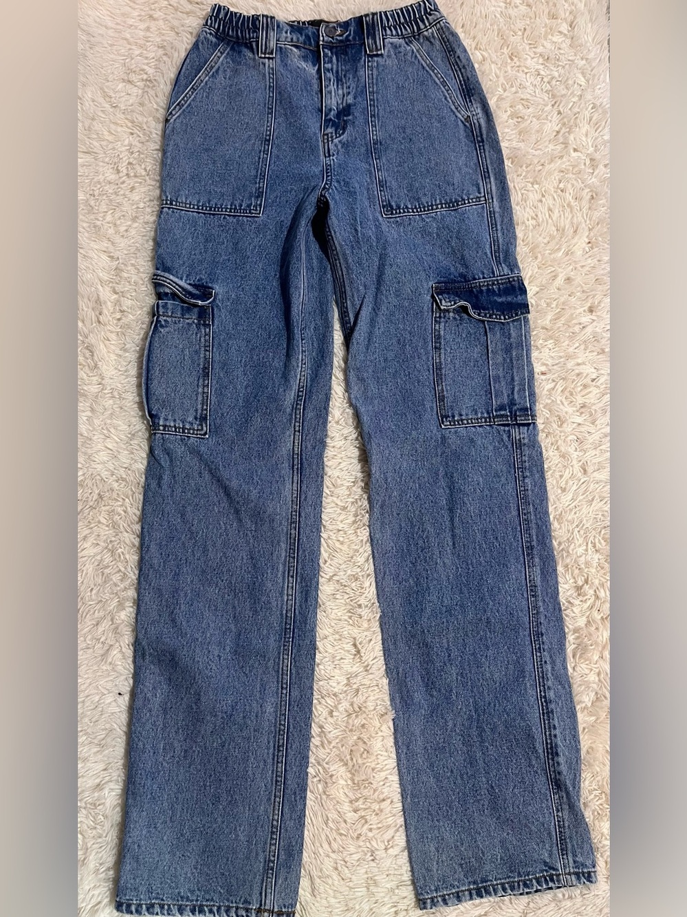 Fashion Nova Denim Cargo Pants in Blue with Utility Pockets